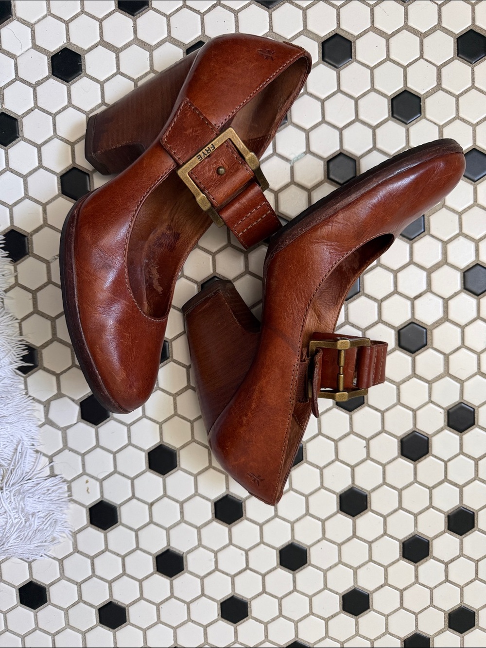 Frye Brown Leather Mary Jane Wedge Heels - Picture 3 of 6